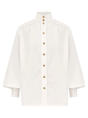Zimmermann White Button-Front High-Neck Blouse with Gold Buttons